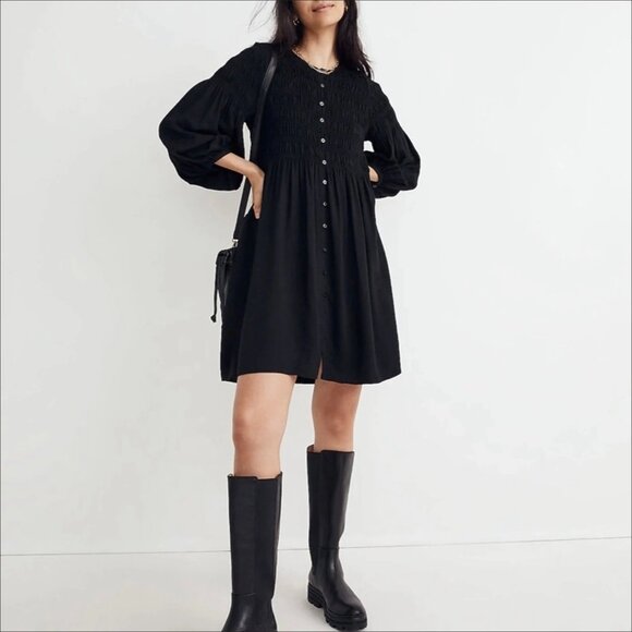 Madewell Button Front Mini Dress Small Black Smocked Bodice Puff Sleeves A Line - Picture 1 of 6